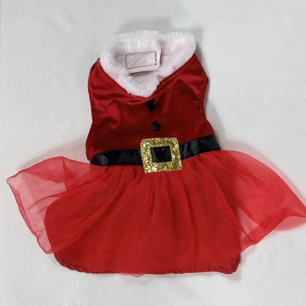 PUP CREW Design Christmas Red Velvet Dog Dress with Fur Trim Size M